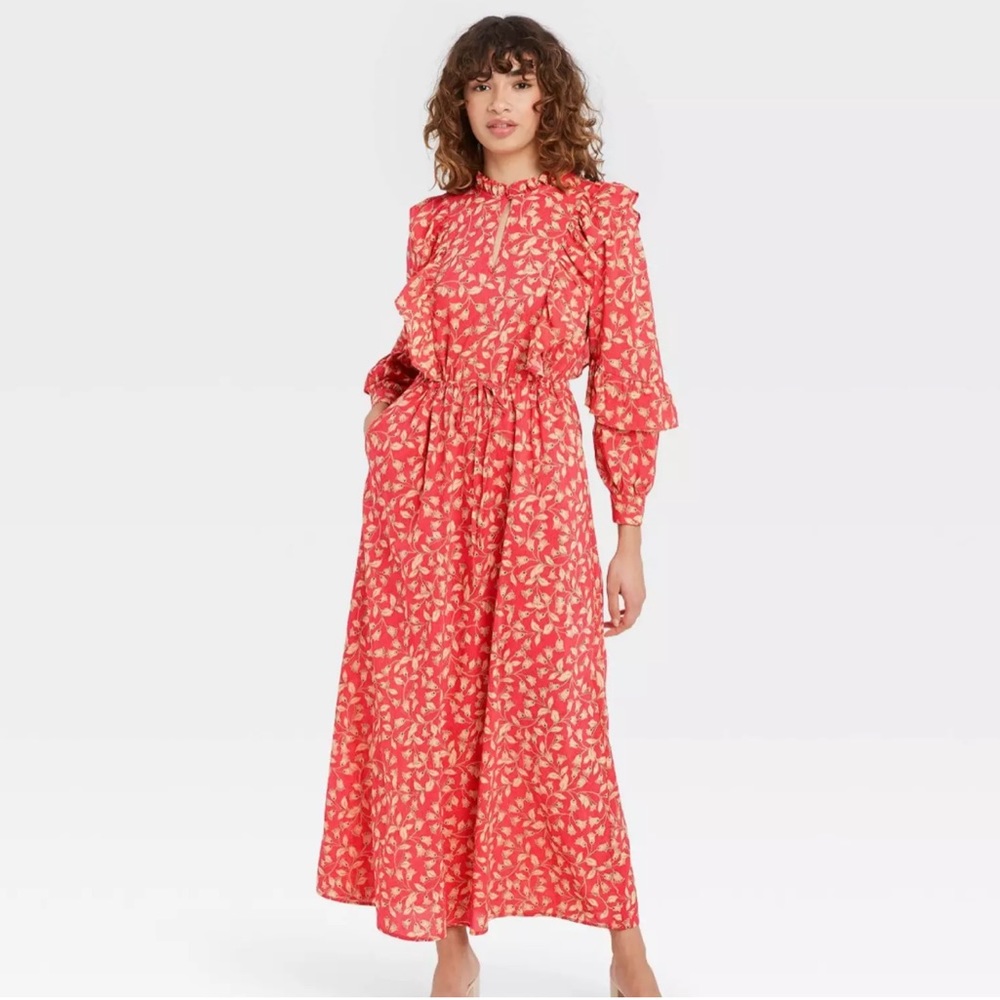Women's Balloon Long Sleeve Soft Ruffle Dress - Who What Wear - Red Floral